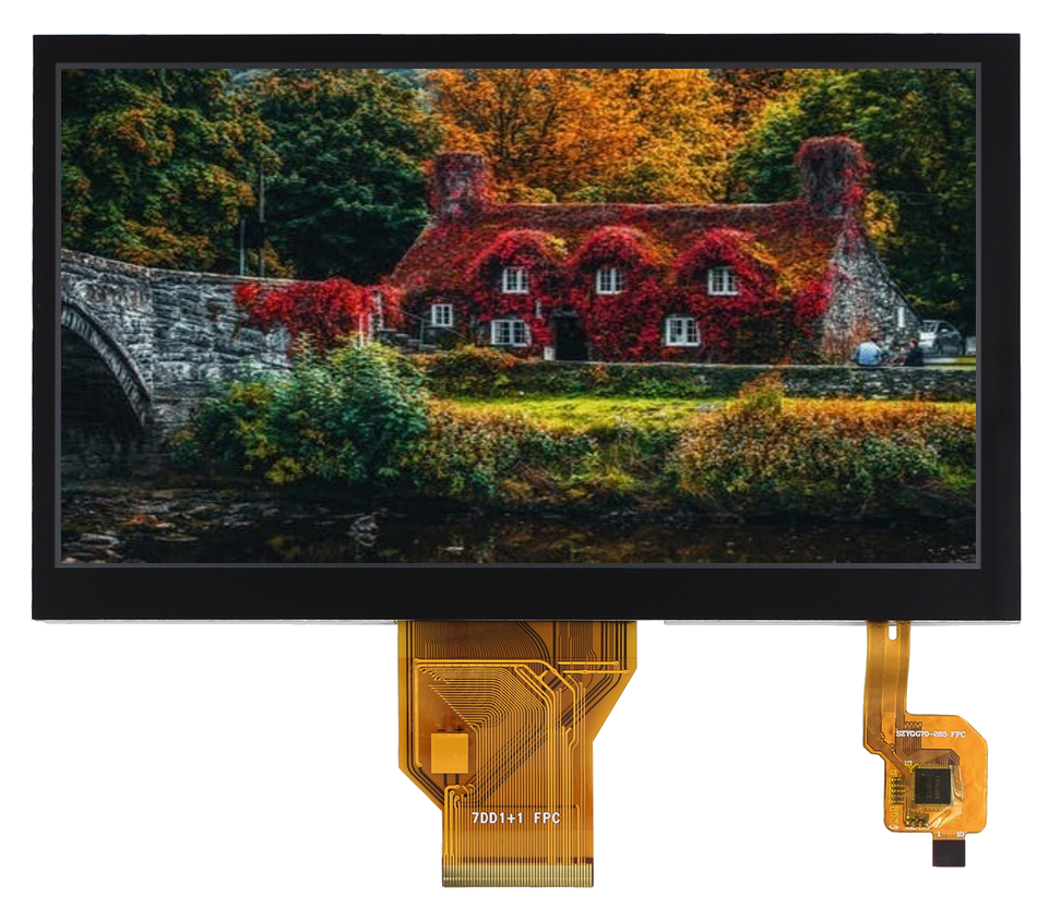 7 inch TFT with a resolution of 800 x 480 RGB interface a brightness of 430 Nits with a Capacitive T